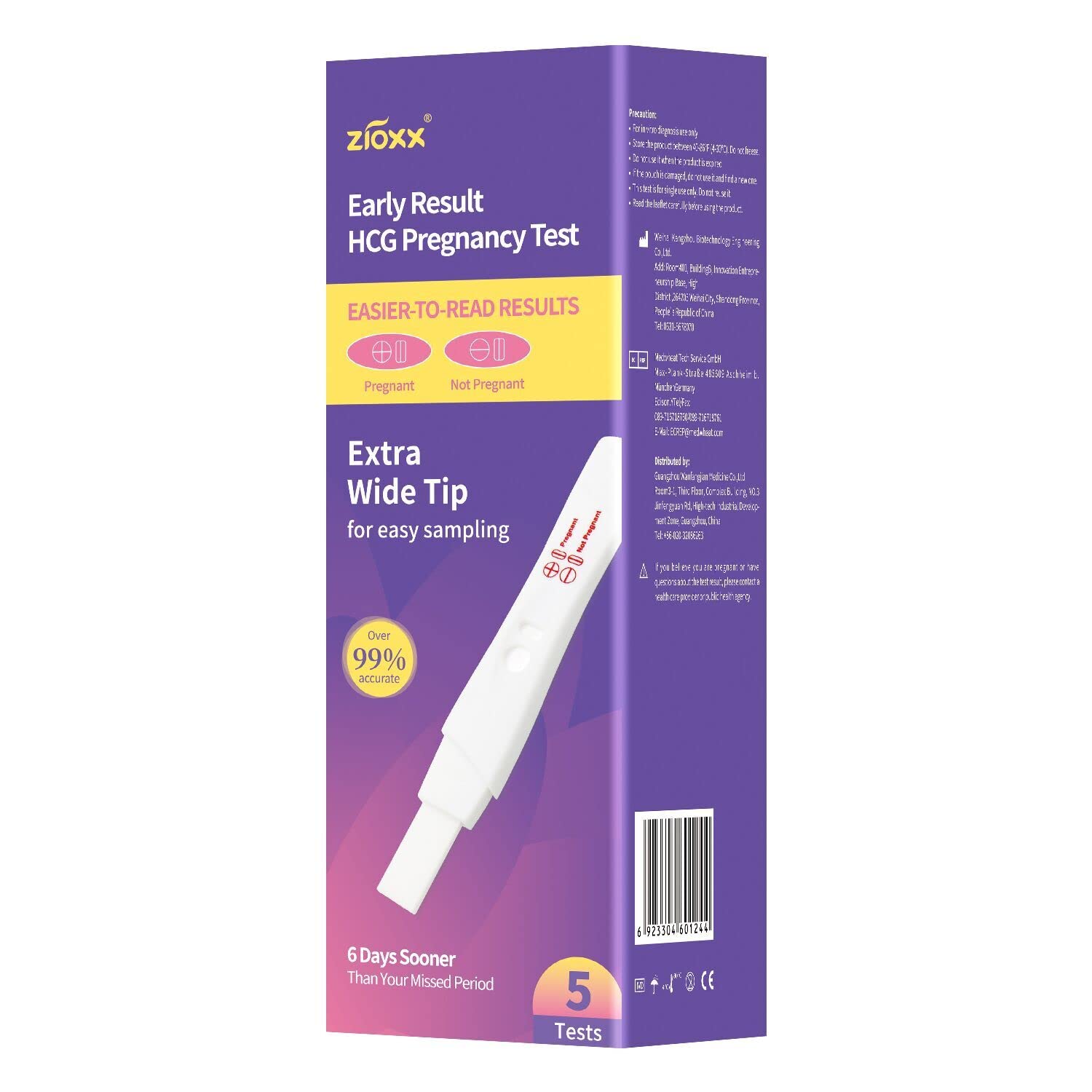 Zioxx Early Result Pregnancy Test Extra Wide Absorbent Tip 5 Counts