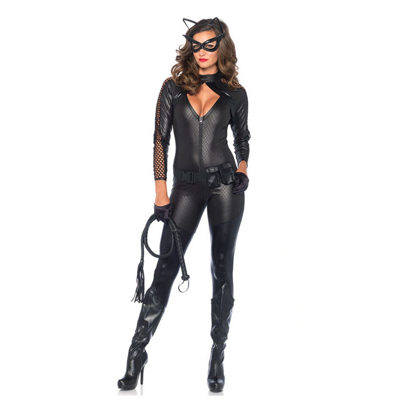Halloween Adult Sexy Costume Super Hero Catwoman Jumpsuit with Mask and Whip